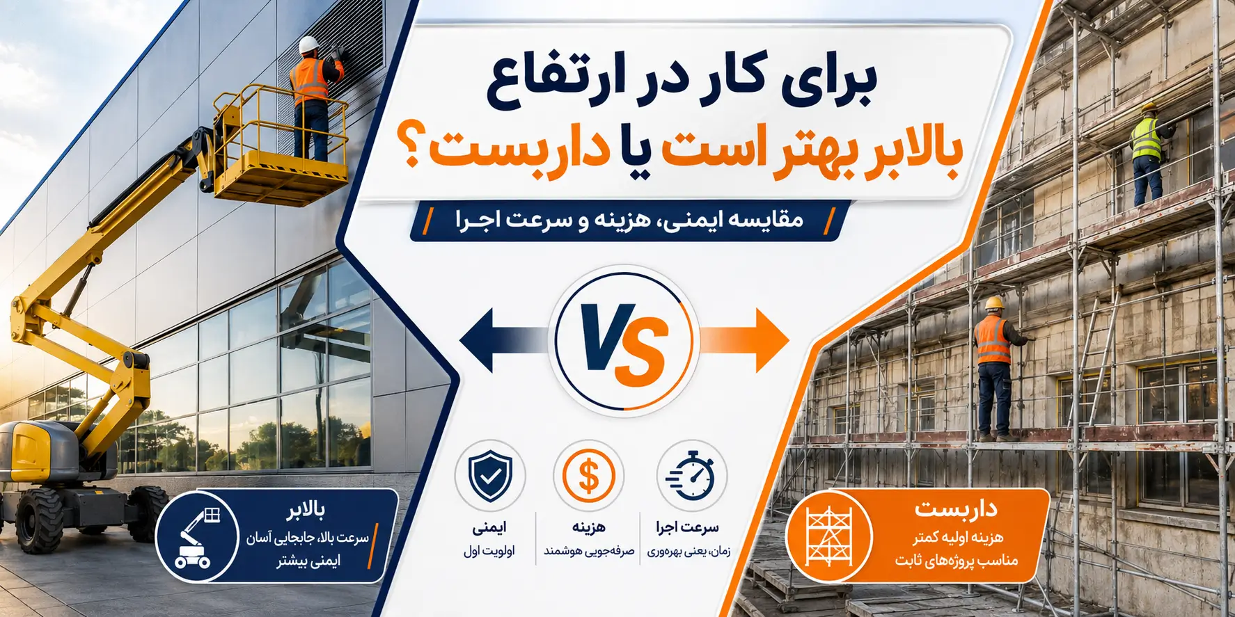 برای کار در ارتفاع بالابر بهتر است یا داربست؟ مقایسه ایمنی، هزینه و سرعت اجرا