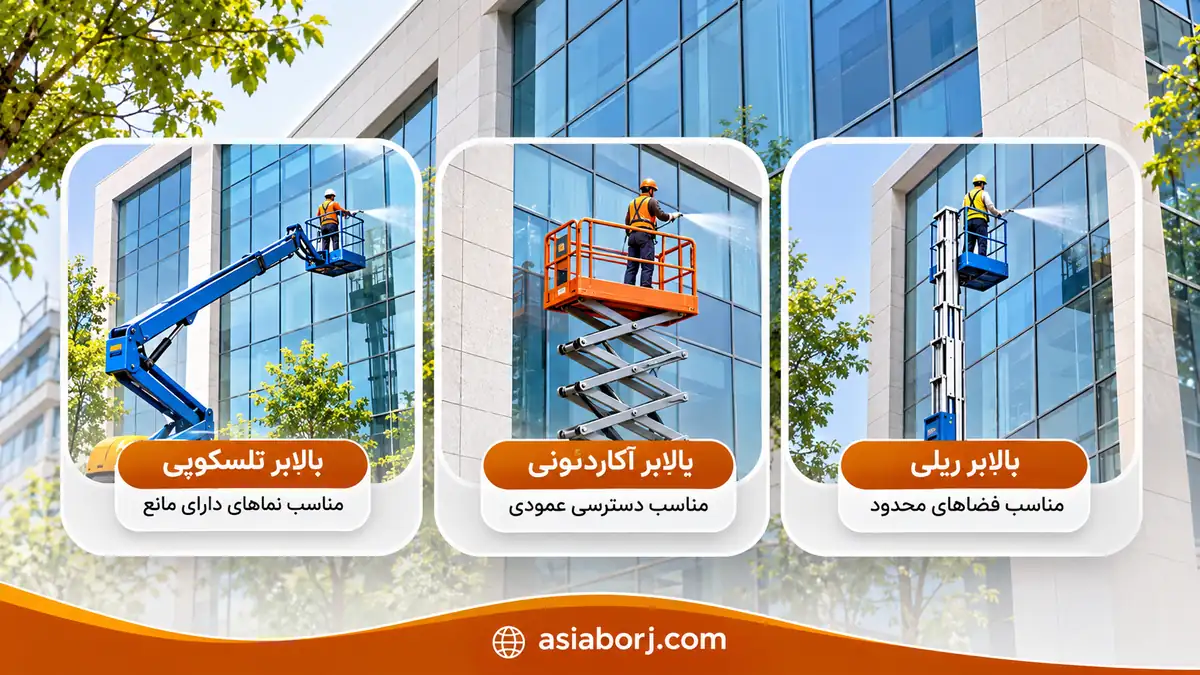 مقایسه بالابر تلسکوپی، آکاردئونی و ریلی برای شستشوی نمای ساختمان